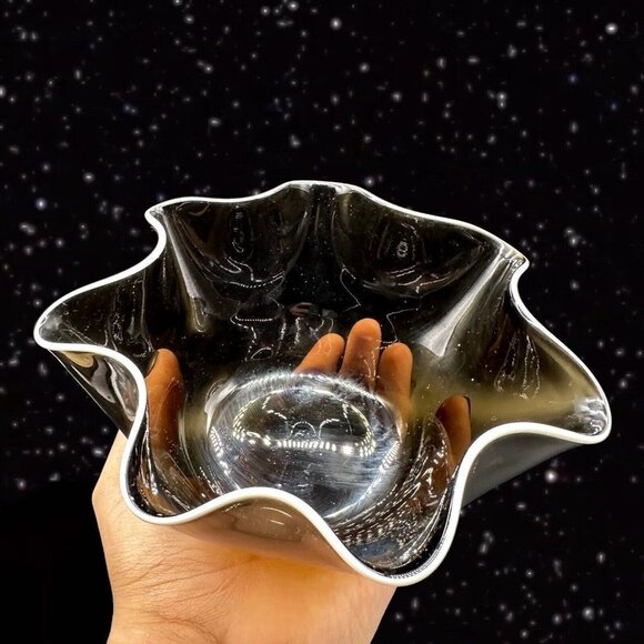 Czech Art Glass Handkerchief Bowl Smokey Olive Green White Ruffles Bohemian 3”T - Picture 8 of 12